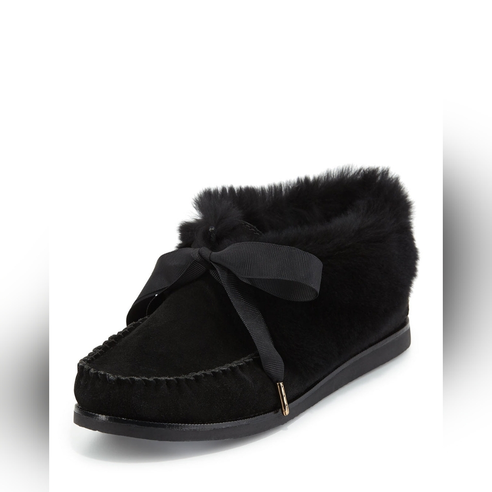 TORY BURCH Aberdeen Genuine Fur Trim Slipper Bootie Mocassins Size 6.5 Black